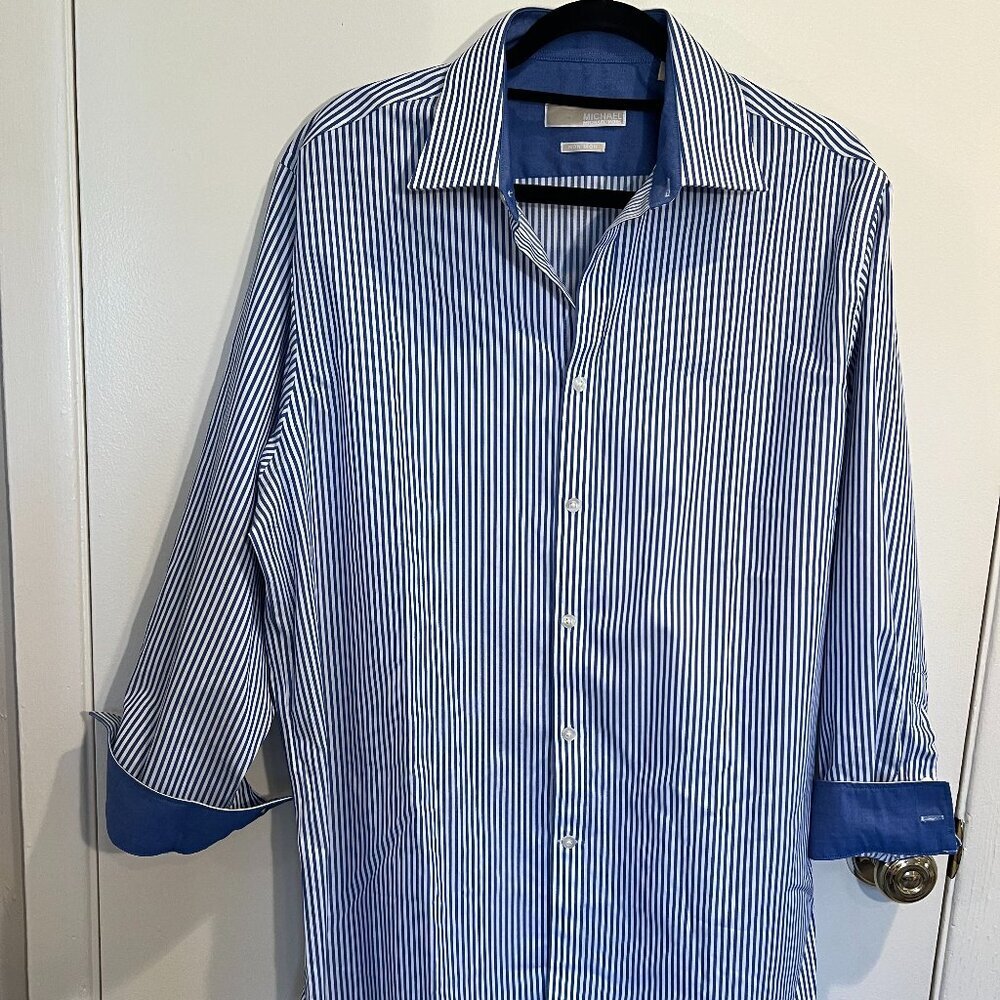 Michael Kors Non Iron Blue & White Stripe Button Down Dress Shirt, Size 17 32/33